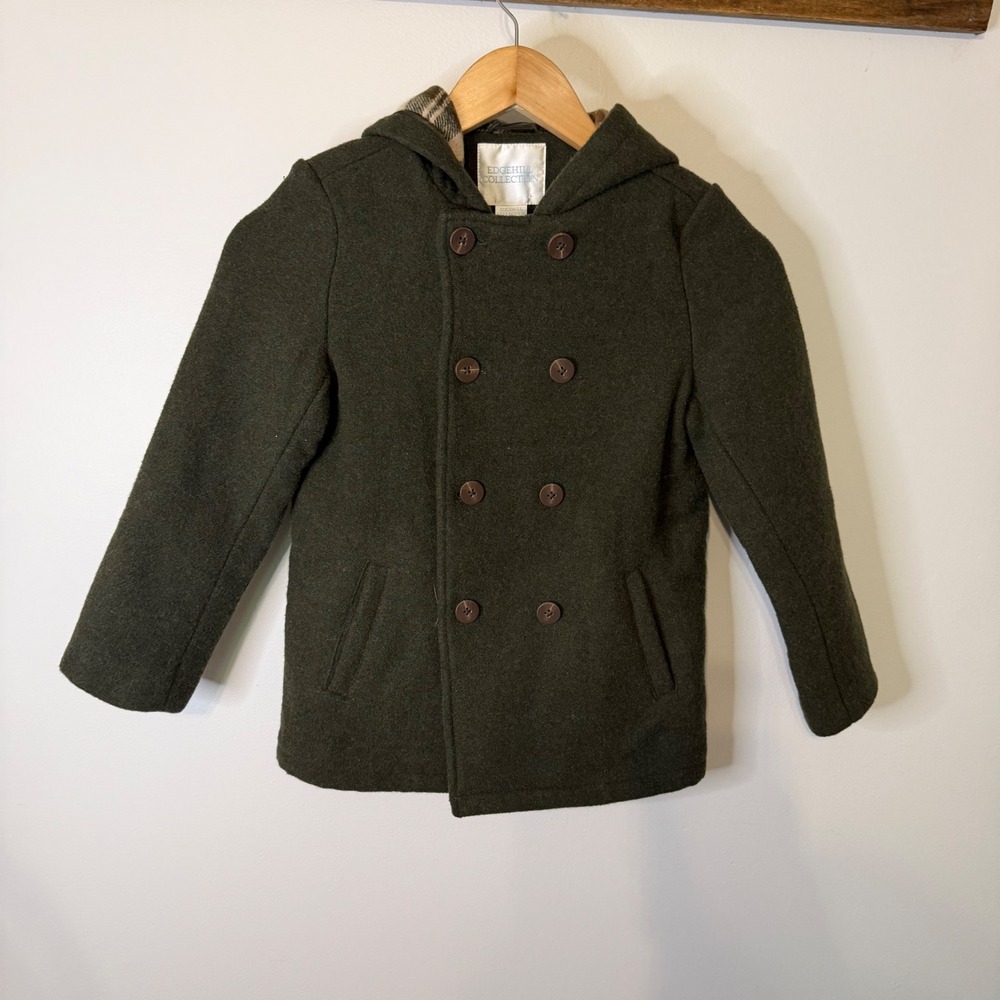 Edgehill Collection Girls Olive Green Wool Blend Hooded Pea Coat Size 6-7
